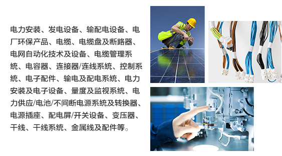 電力安裝、發(fā)電設(shè)備、輸配電設(shè)備、電廠環(huán)保產(chǎn)品、電纜、電纜盤(pán)及斷路器、電網(wǎng)自動(dòng)化技術(shù)及設(shè)備、電纜管理系統(tǒng)、電容器、連接器/連線系統(tǒng)、控制系統(tǒng)、電子配件、輸電及配電系統(tǒng)、電力安裝及電子設(shè)備、量度及監(jiān)視系統(tǒng)、電力供應(yīng)/電池/不間斷電源系統(tǒng)及轉(zhuǎn)換器、電源插座、配電屏/開(kāi)關(guān)設(shè)備、變壓器、干線、干線系統(tǒng)、金屬線及配件等