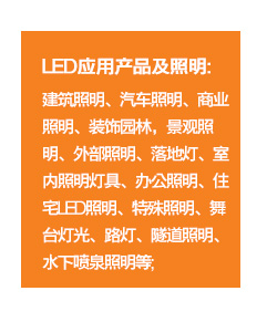 ?	LED應(yīng)用產(chǎn)品及照明：建筑照明、汽車照明、商業(yè)照明、裝飾園林，景觀照明、外部照明、落地?zé)?、室?nèi)照明燈具、辦公照明、住宅LED照明、特殊照明、舞臺燈光、路燈、隧道照明、水下噴泉照明等；