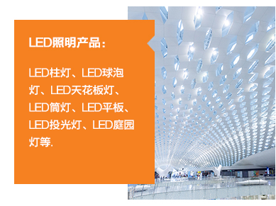 ?	LED照明產(chǎn)品：LED柱燈、LED球泡燈、LED天花板燈、LED筒燈、LED平板、LED投光燈、LED庭園燈等。
