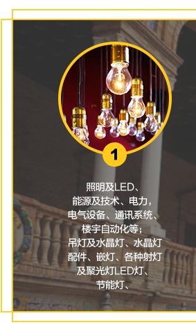 照明及LED、能源及技術(shù)、電力，電氣設(shè)備、通訊系統(tǒng)、樓宇自動化等；吊燈及水晶燈、水晶燈配件、嵌燈、各種射燈及聚光燈LED燈、節(jié)能燈、