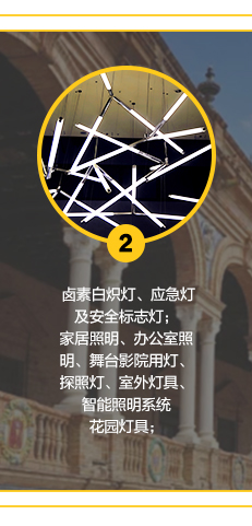 鹵素白熾燈、應急燈及安全標志燈;家居照明、辦公室照明、舞臺影院用燈、探照燈、智能照明系統(tǒng)室外燈具、花園燈具;